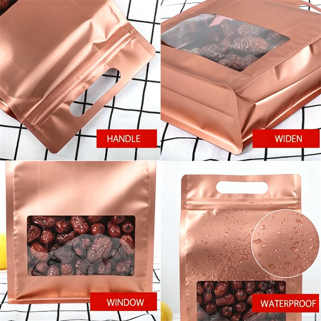 재사용 가능한 금색 팔각형 플라스틱 파우치(손잡이 창  - Food Storage Plastic 리뷰 및 가격